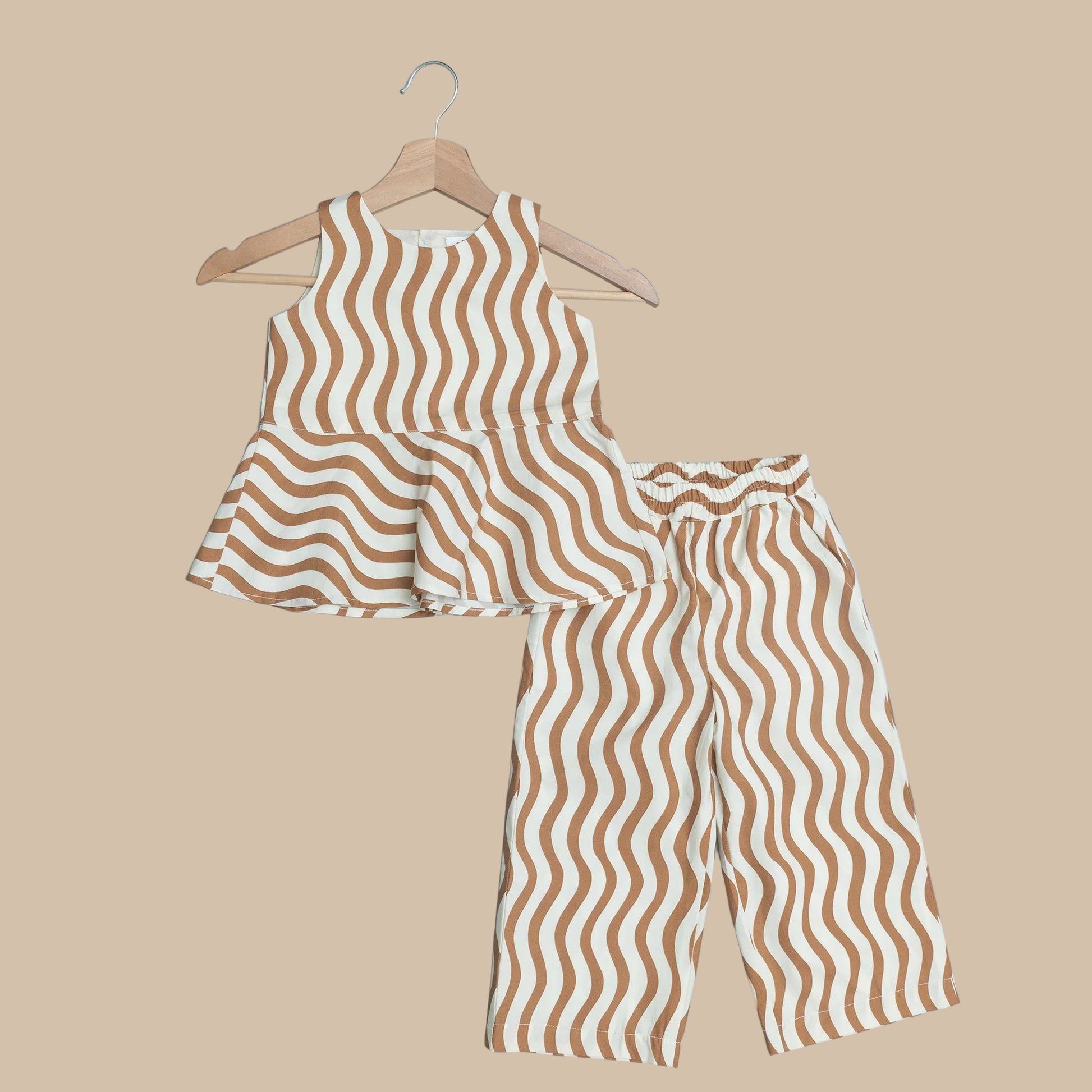 Kids brown wave print cotton coord set with sleeveless top and matching pants