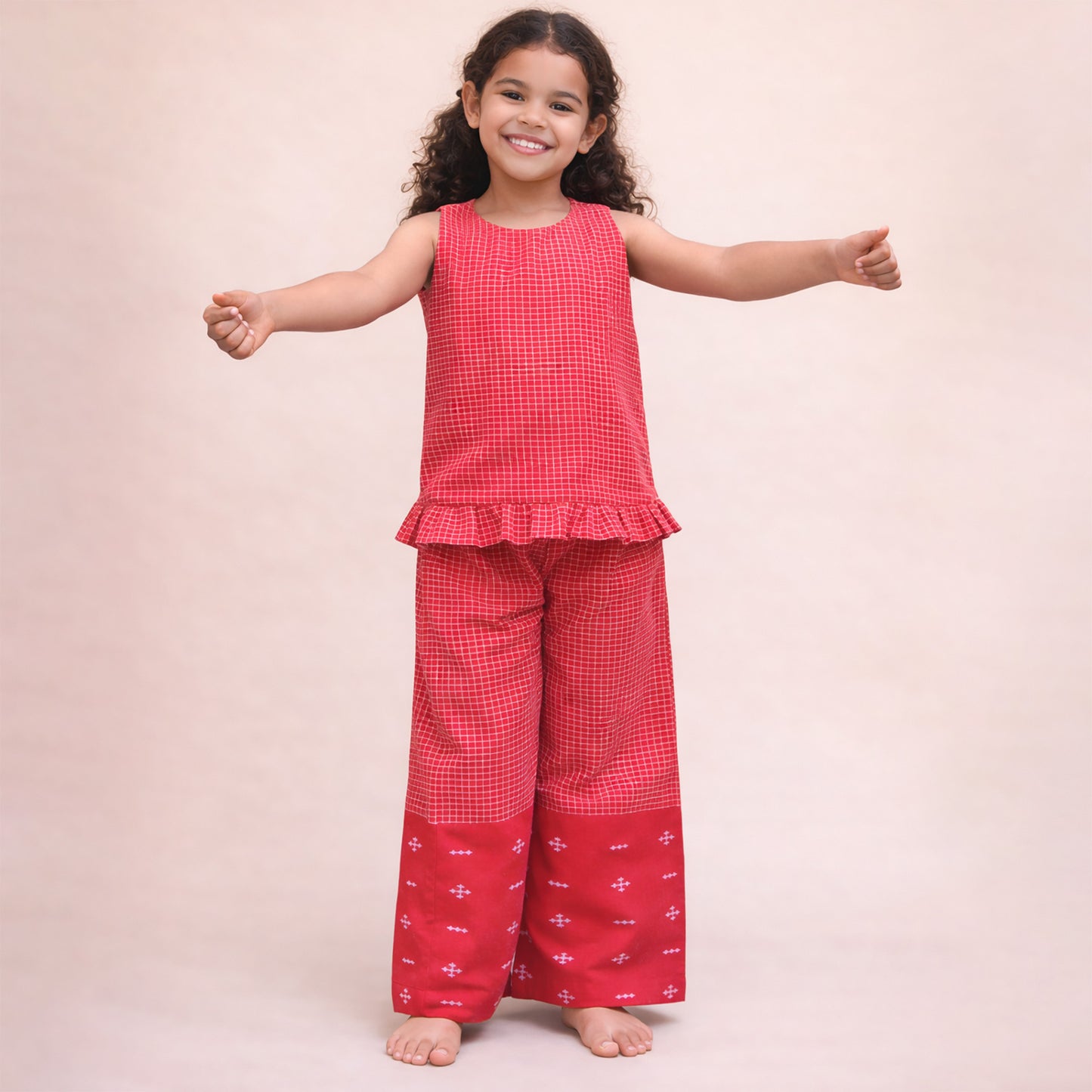Snuk Kids Red Checkered Frill Top & Trousers Co-ord Set