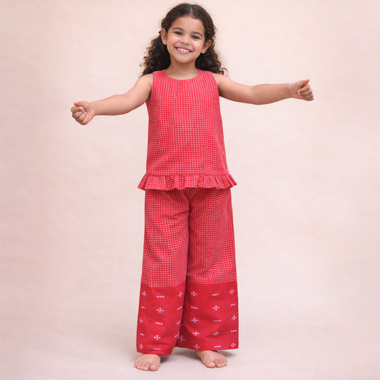 Snuk Kids Red Checkered Frill Top & Trousers Co-ord Set