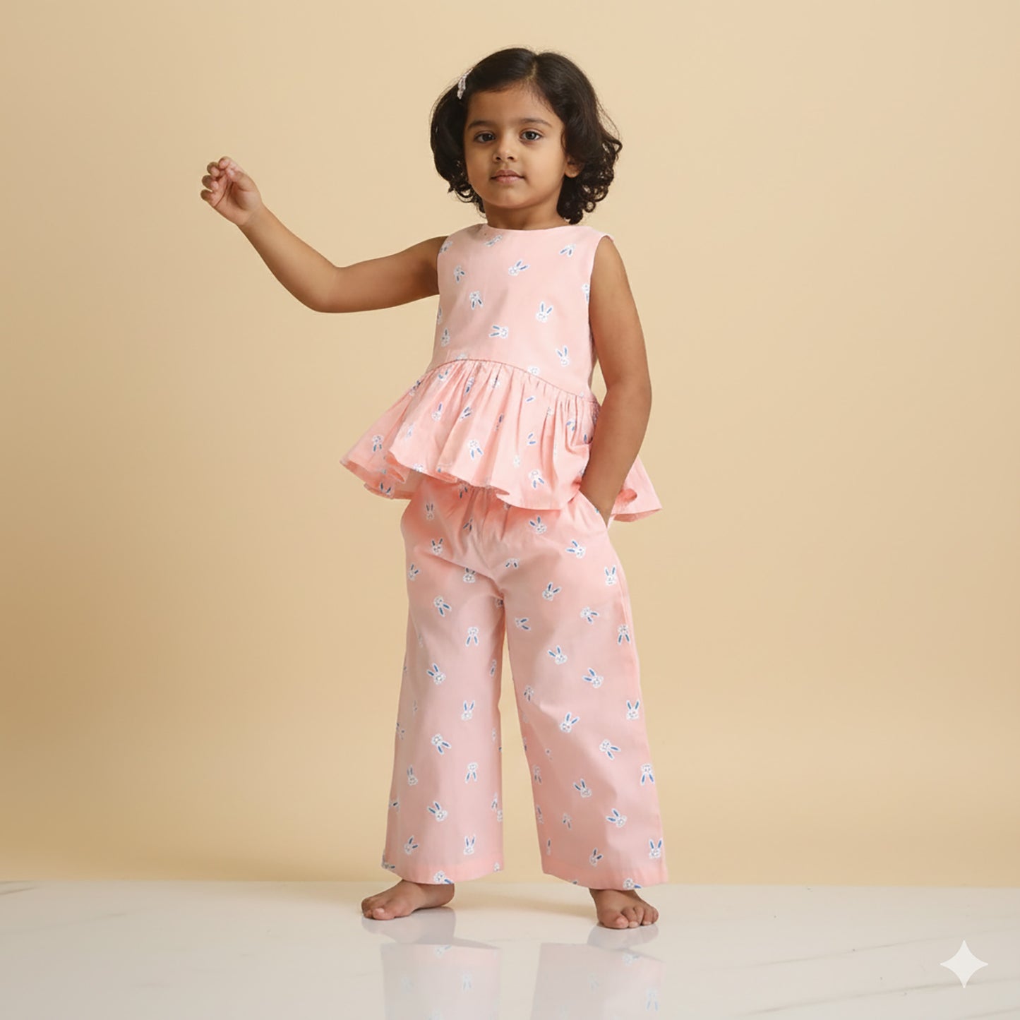 Snuk Kids Baby Pink Bunny Print Peplum Top & Trousers Set