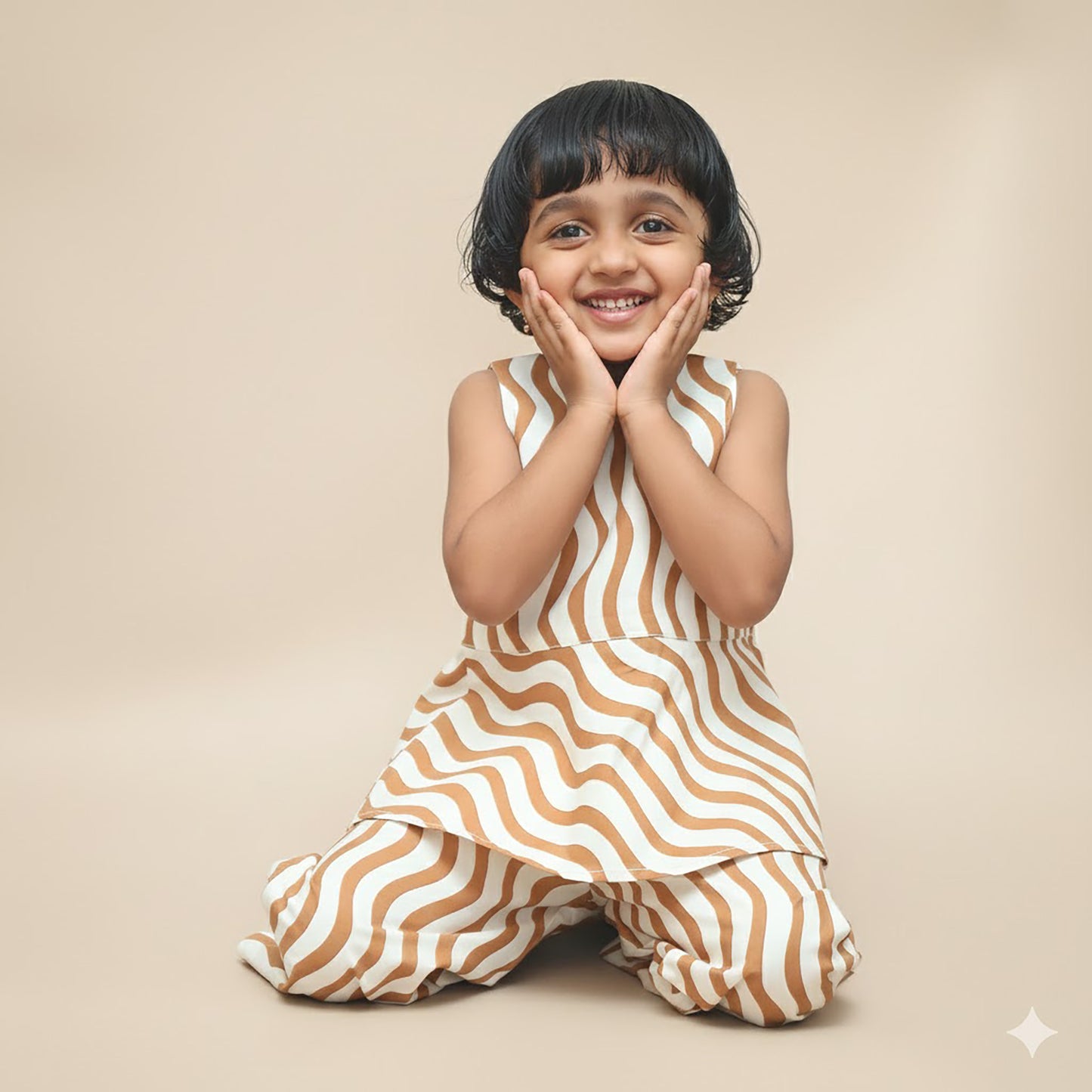 Child wearing a brown and white striped outfit 