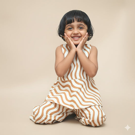 Child wearing a brown and white striped outfit 